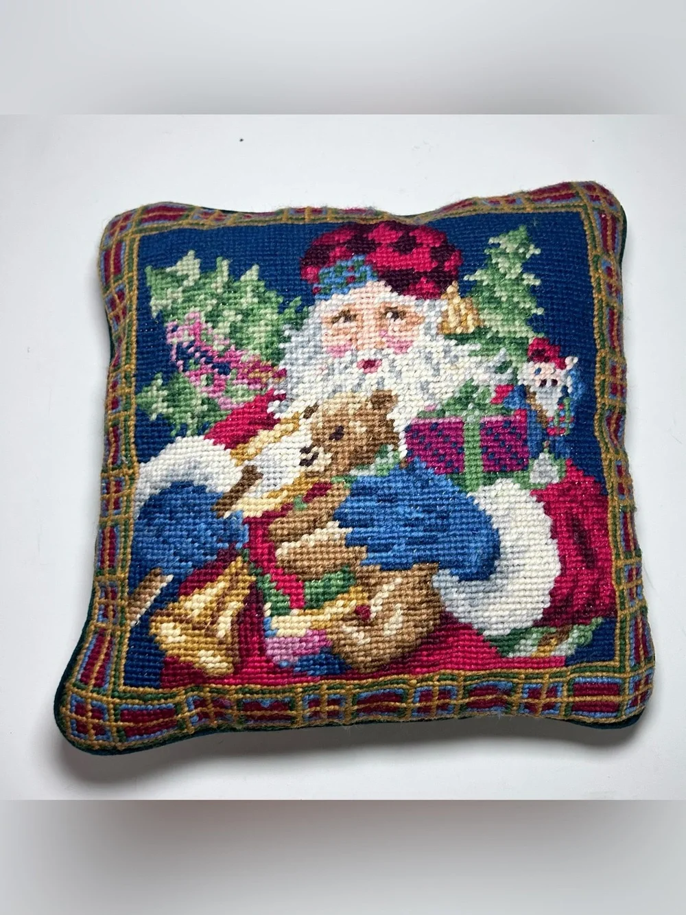 Vintage Needlepoint Santa Claus Presents Throw Pillow Green Velvet